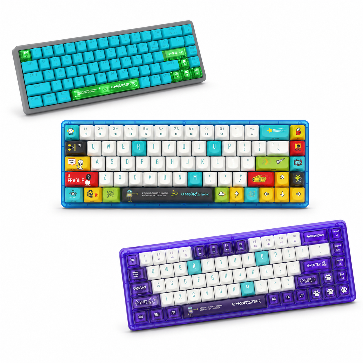 ANEEX custom mechanical gaming keyboards with vibrant keycaps in cyan, purple, and multi-color themes for OEM and ODM computer peripherals business.