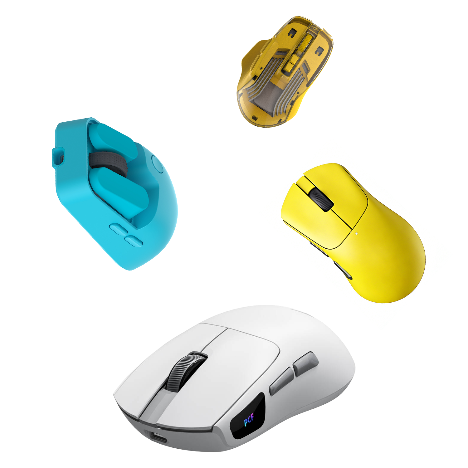 ANEEX premium wireless gaming mice in custom colors including white, yellow, cyan, and cyber pattern for OEM and ODM computer peripherals business.